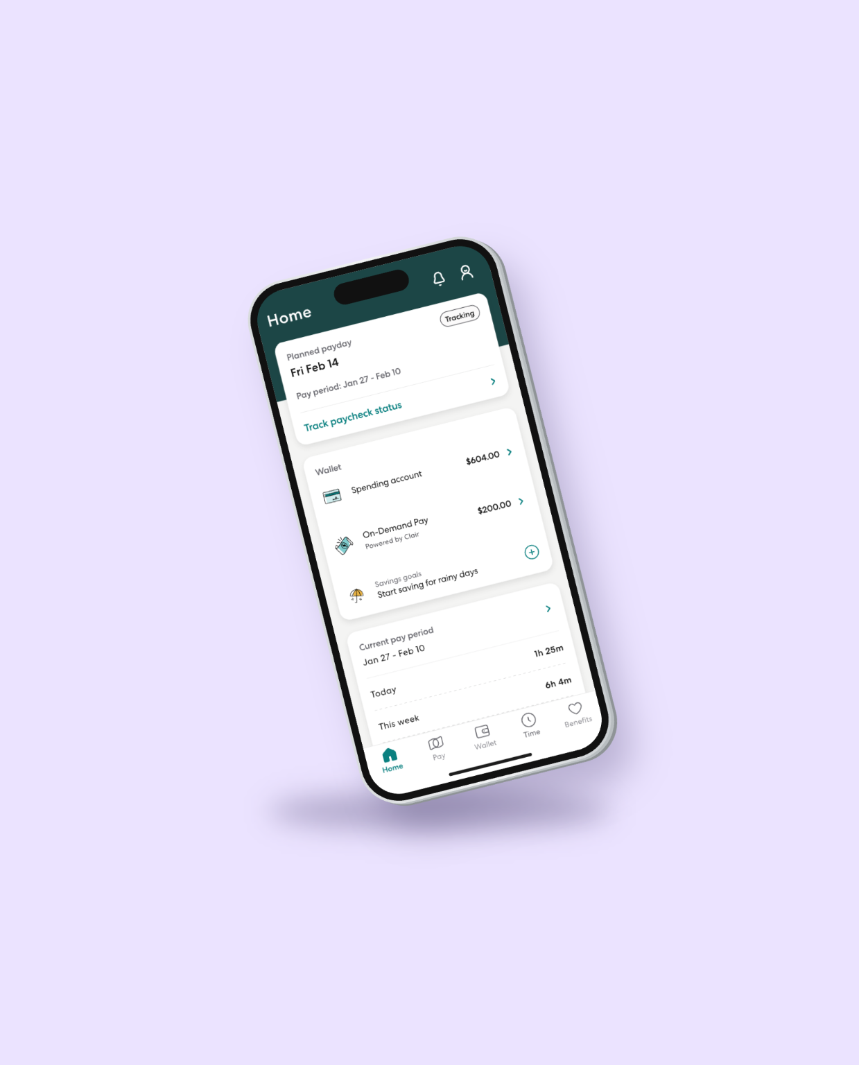Clair mobile app home screen with planned payday, wallet and On-Demand Pay balance