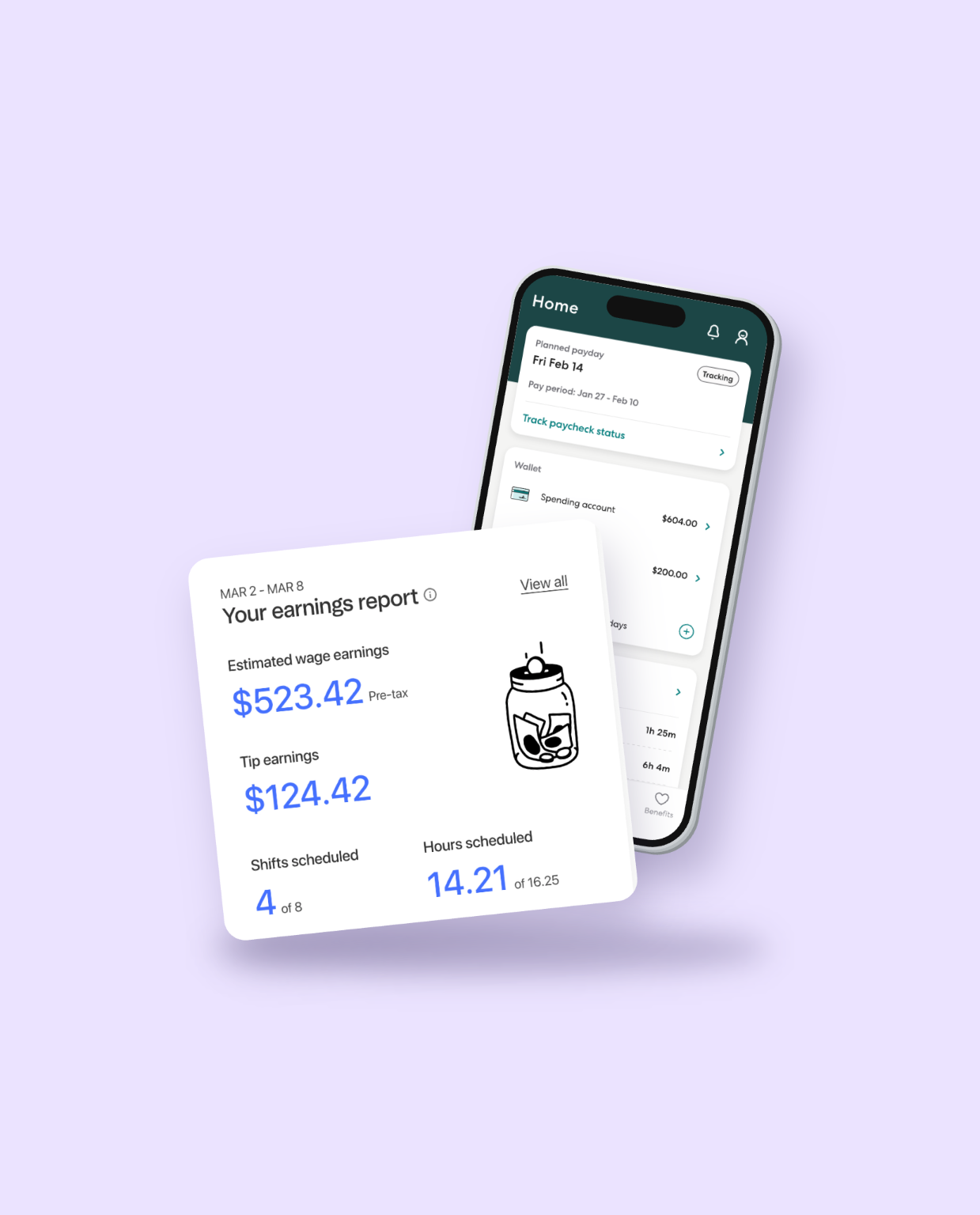Clair app with the weekly earnings report showing wages, tips, shifts and hours