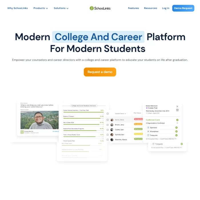 Screenshot of Schoolinks final web app product homepage
